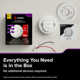 Kidde box contents including detector, mounting hardware, and batteries