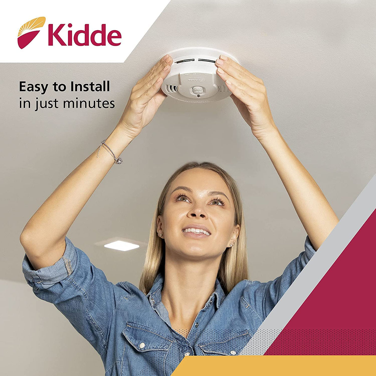 Kidde test-hush button enables quick testing and silencing nuisance alarms.