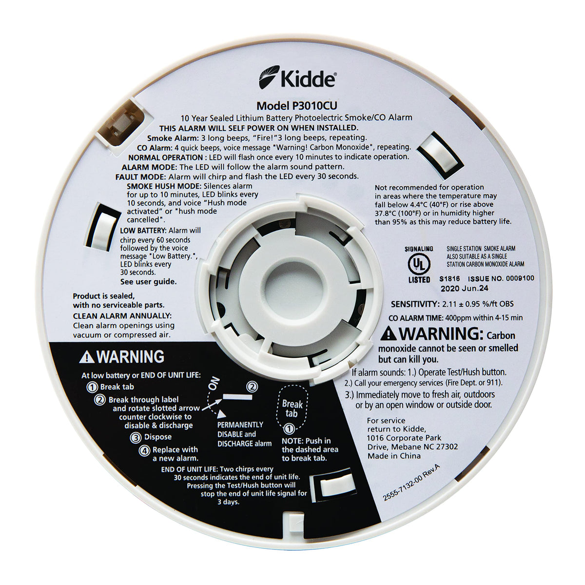 Kidde unit shows Test-Hush button for easy silencing of false alarms.