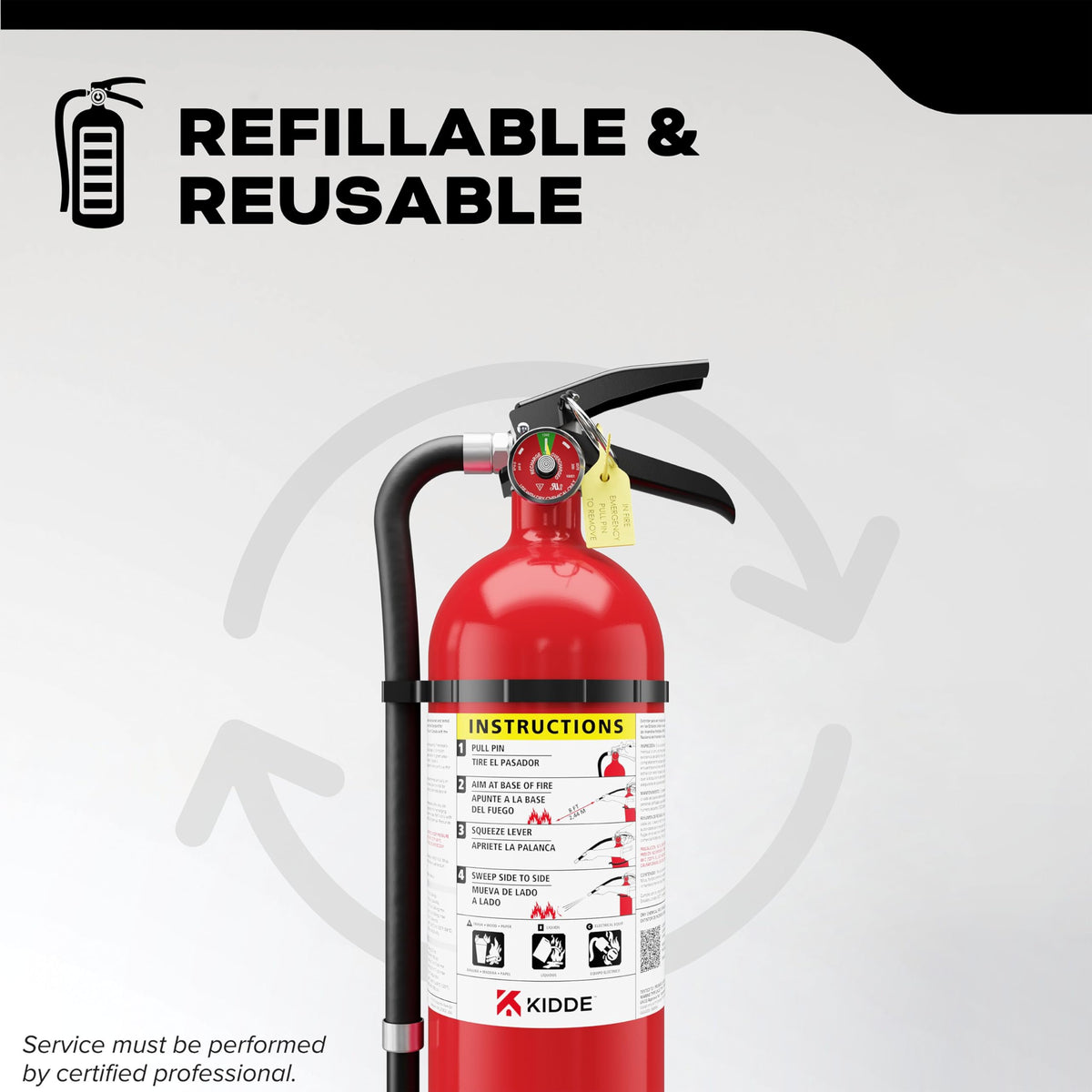 Kidde wall hanger holds the extinguisher for easy access.