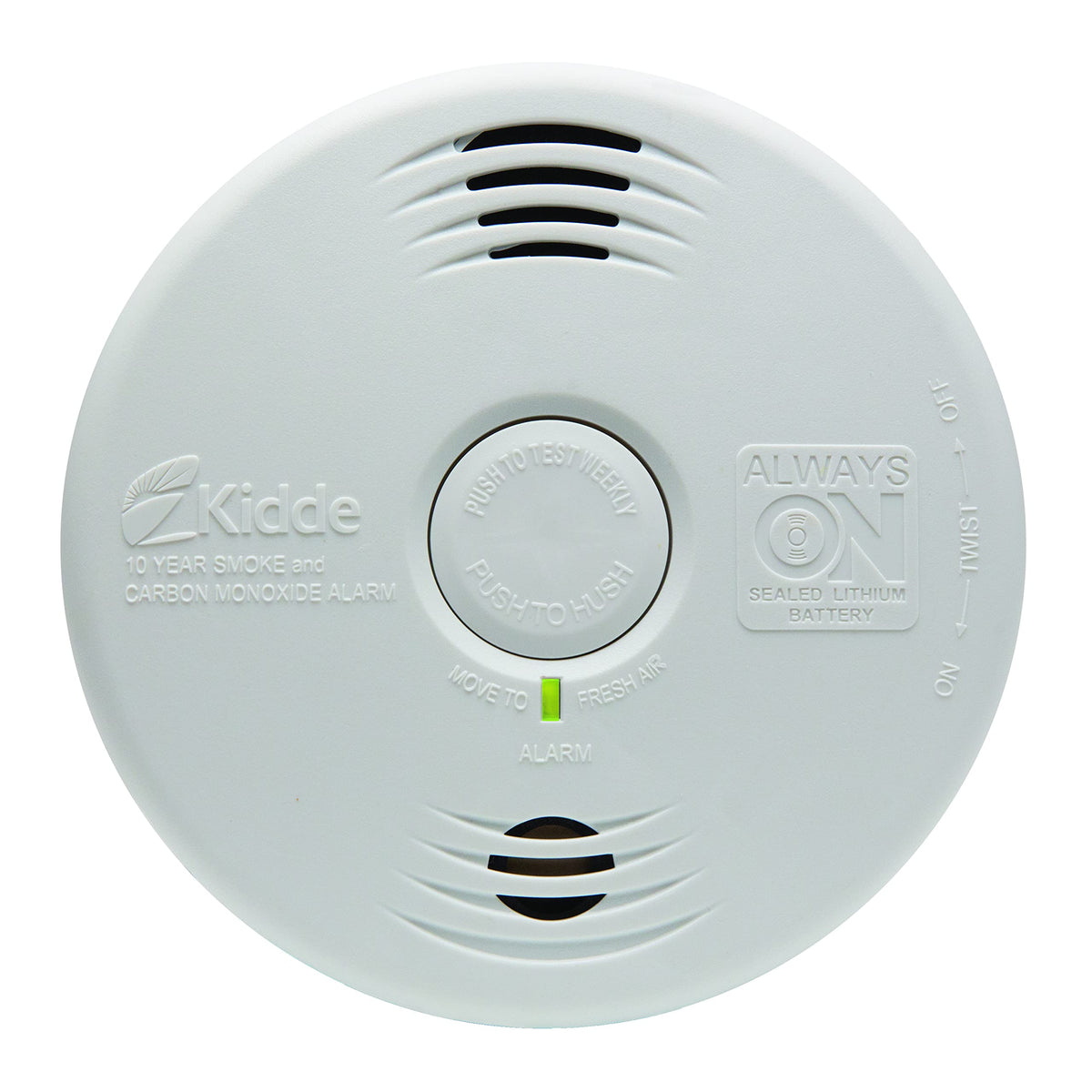 Kidde unit mounted on wall with LEDs for quick status checks.