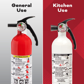 Kidde white grease-fire extinguisher with flared nozzle reduces splashing when cooking.