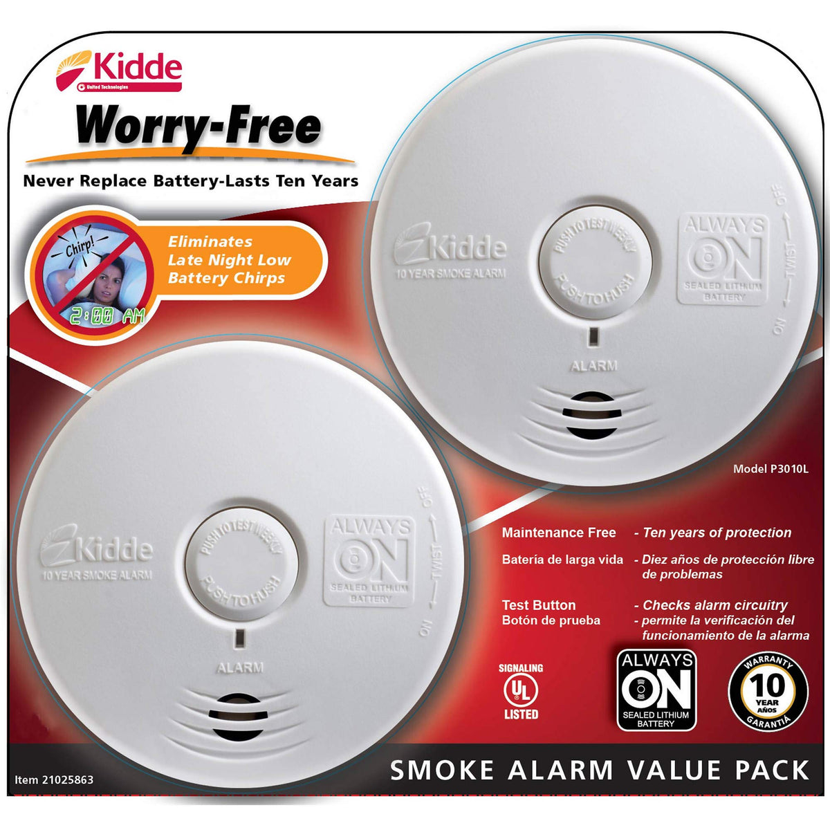 Kidde P3010L smoke alarm mounted on bracket provides ten-year, tamper-resistant protection.