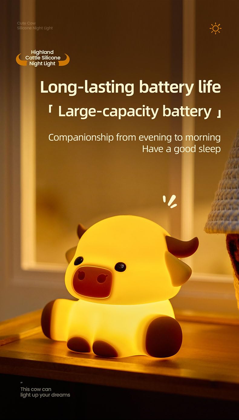 KidoYean Highland Cow Night Light bedside setup creating warm ambient glow