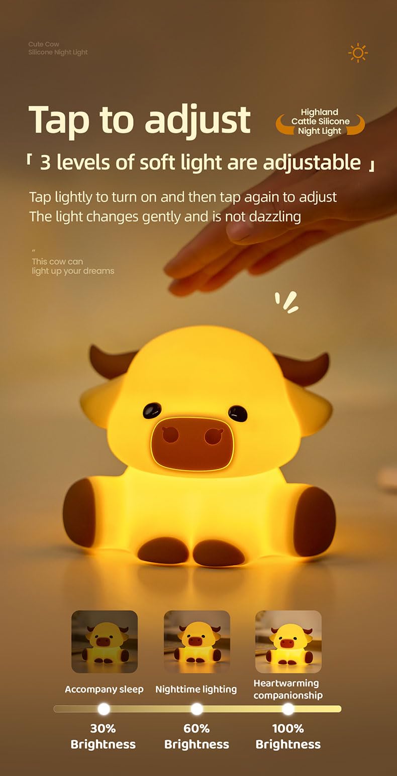 KidoYean Highland Cow Night Light dimmed for cozy night ambience