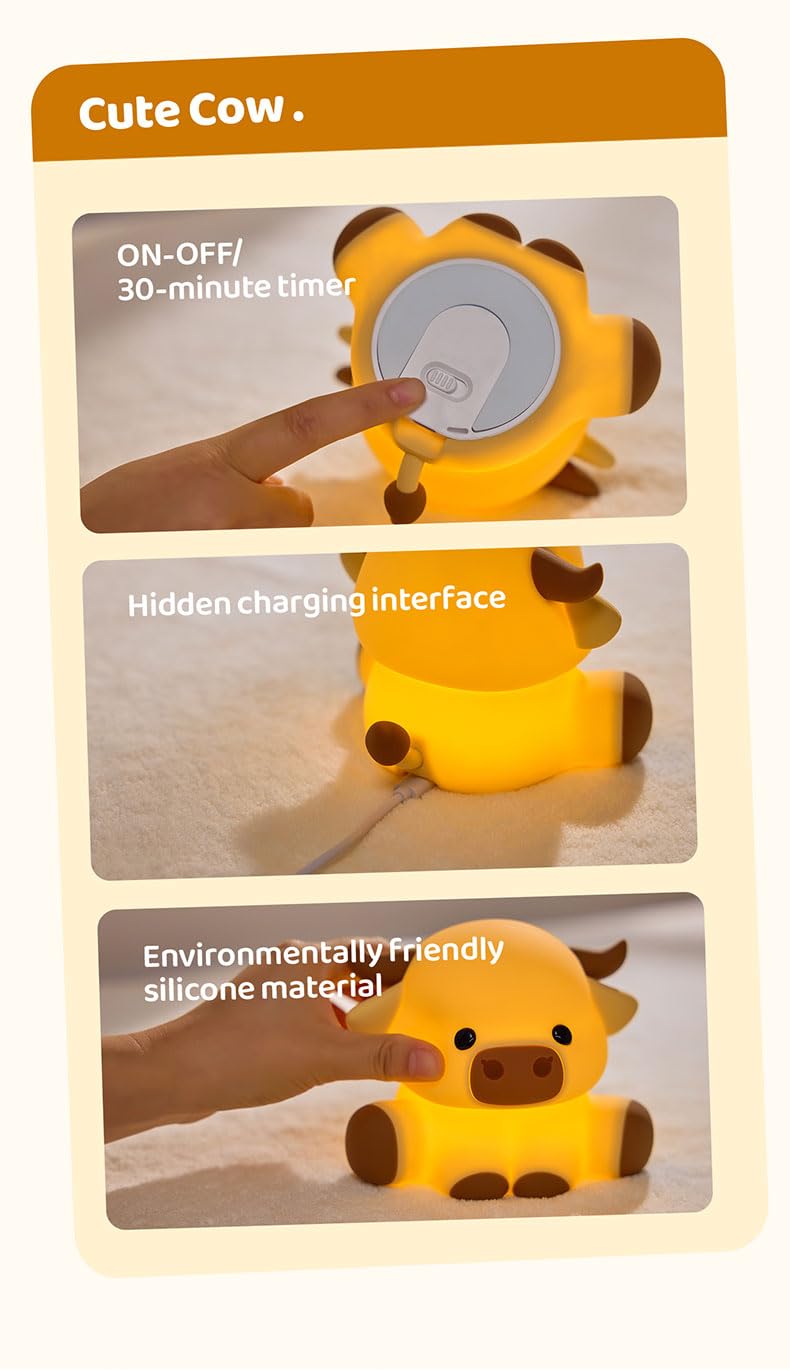 KidoYean Highland Cow Night Light BPA-free silicone safety