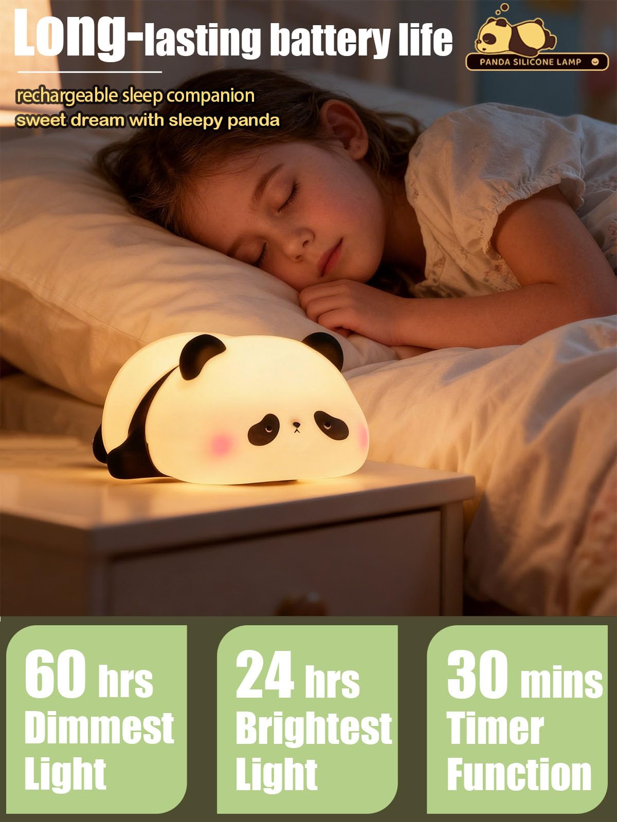 KidoYean Panda night light on a bedside table beside a sleeping child.