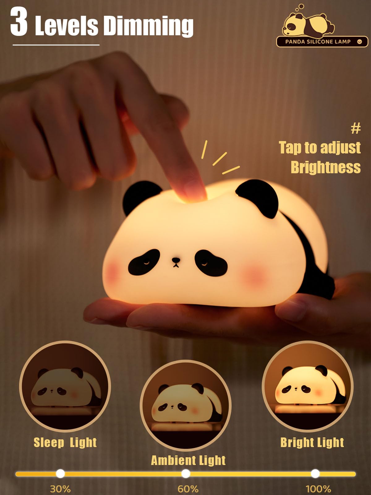 KidoYean Panda night light touch dimming close-up for easy brightness control.