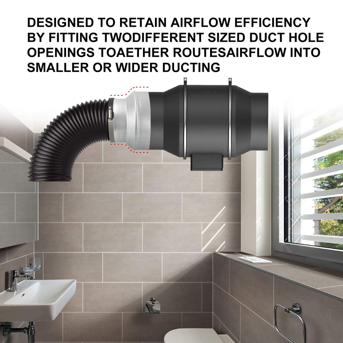Kikerike 8 to 6 reducer in a bathroom ventilation setup improves duct compatibility.