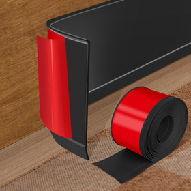 Kikerike vinyl baseboard molding peel-stick installation close-up with strong adhesive backing.