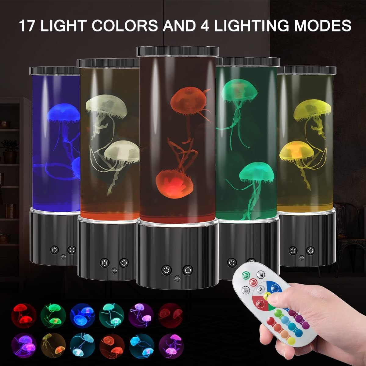KIKILIVE LED jellyfish tank providing soothing ambient lighting in a living room.