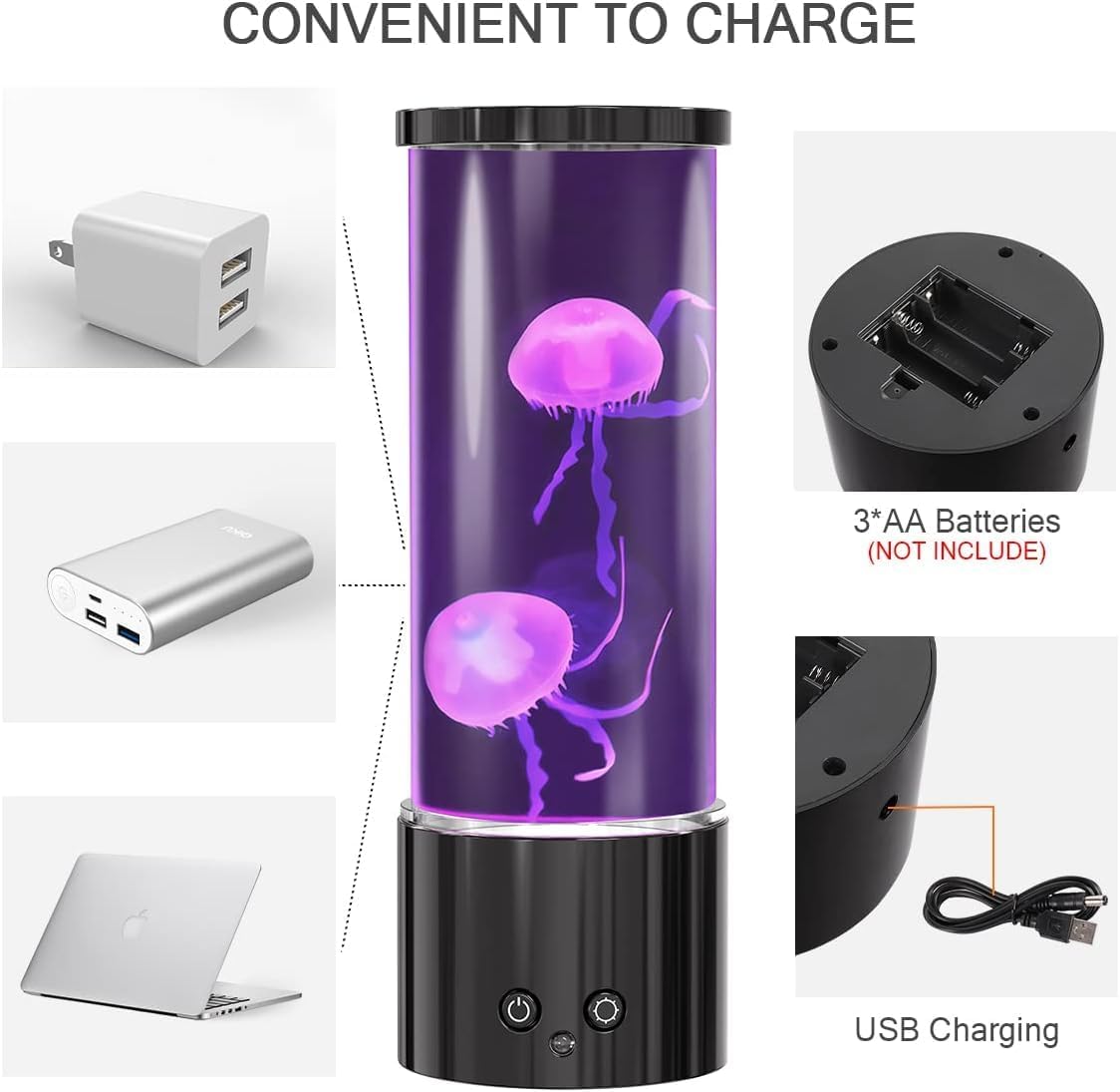Gentle water current motor animates two jellyfish for lifelike glow.