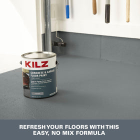 KILZ 1-Part Epoxy Floor Paint basement scene demonstrates smooth, even coverage on concrete.