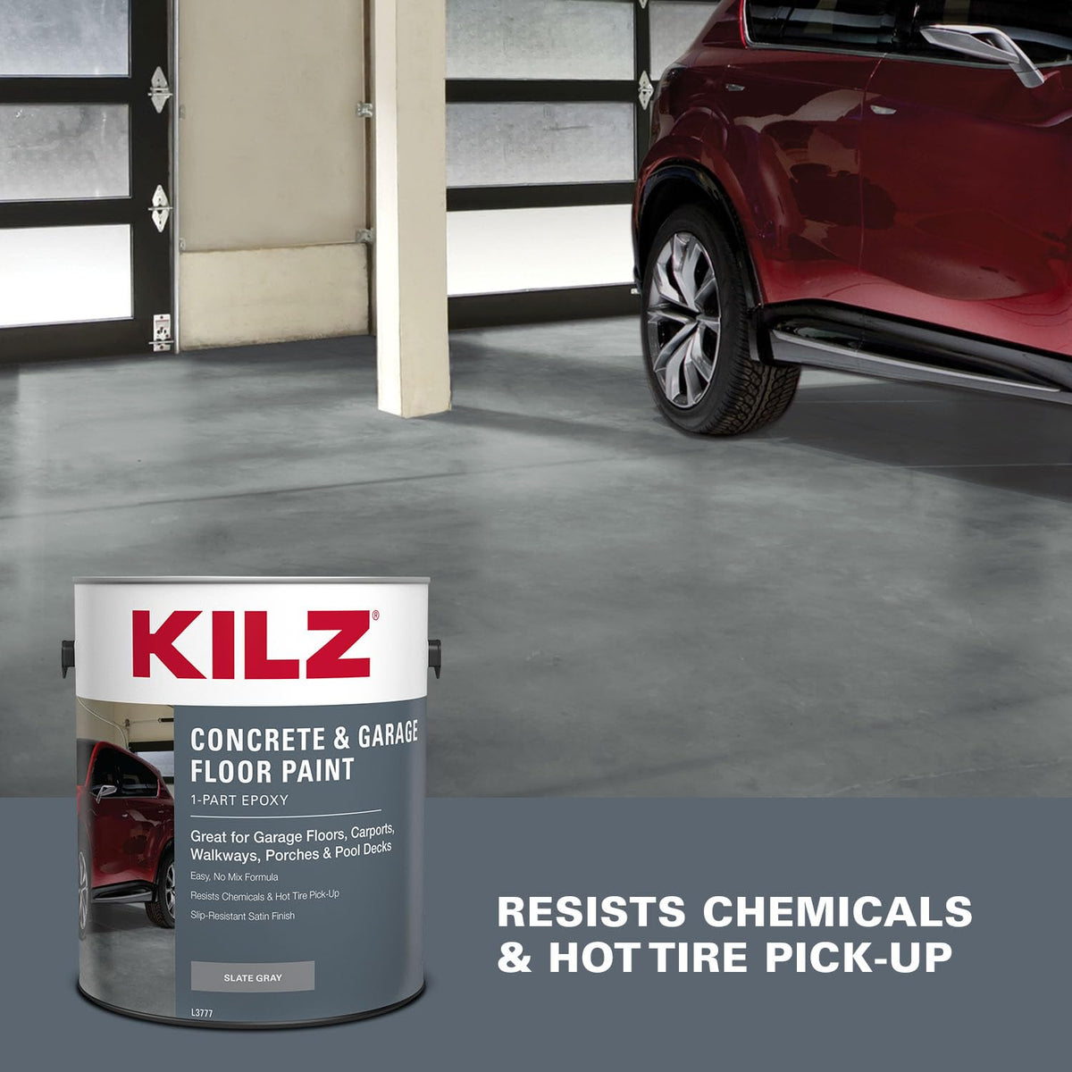 KILZ 1-Part Epoxy Floor Paint on garage floor highlights durable satin sheen and easy cleaning.