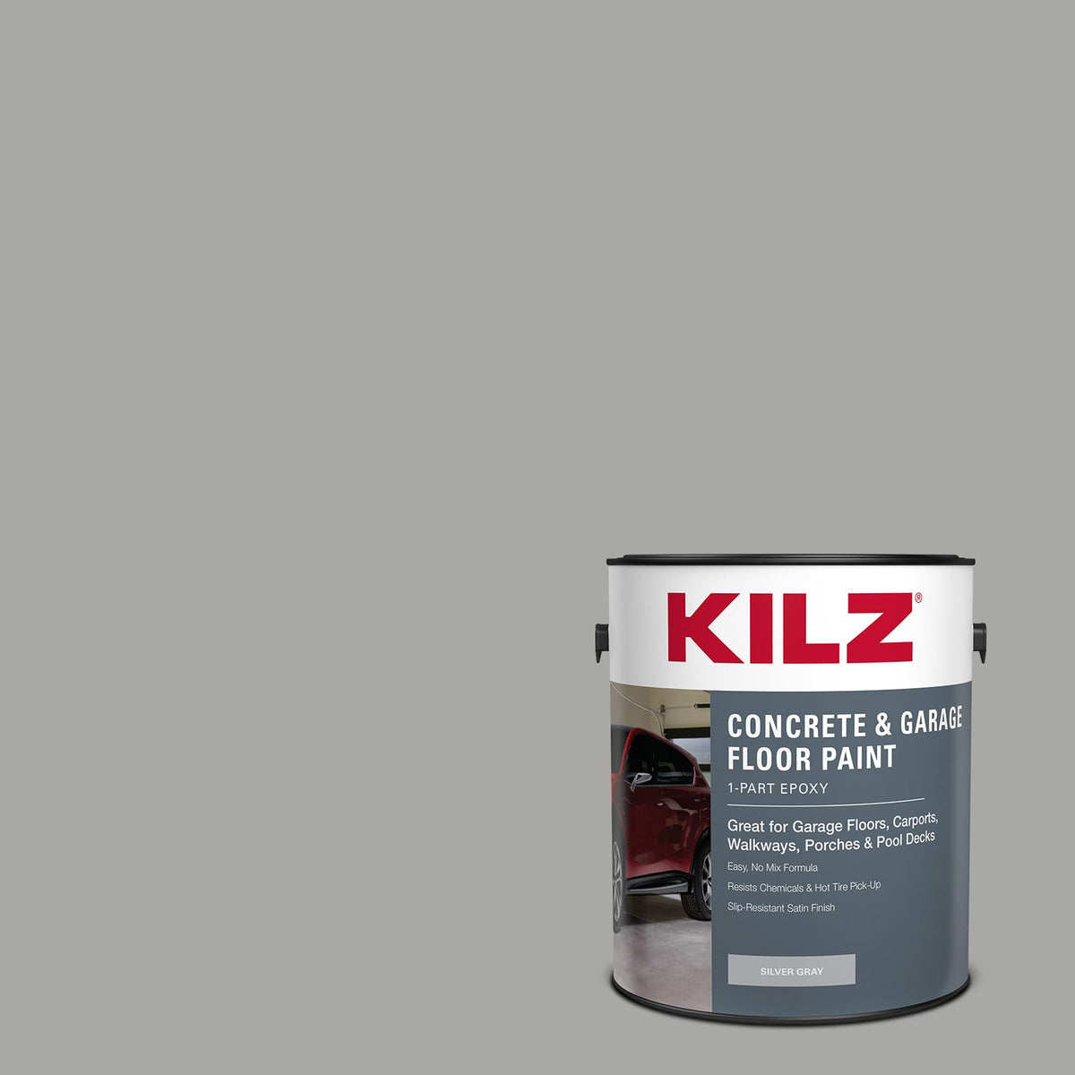 KILZ 1-Part Epoxy Floor Paint can shows a durable silver gray satin finish.