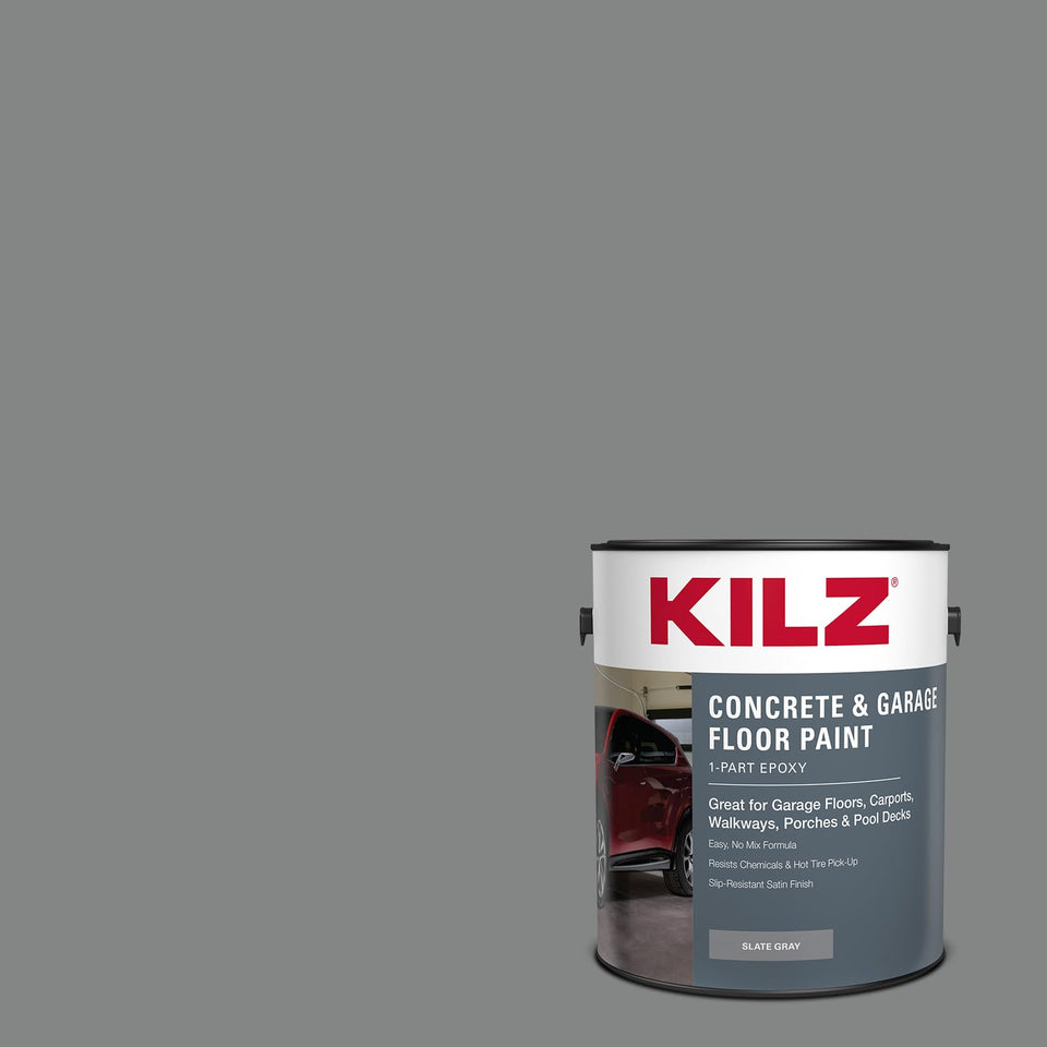 KILZ 1-Part Epoxy Floor Paint slate-gray closeup shows a durable satin finish for concrete.