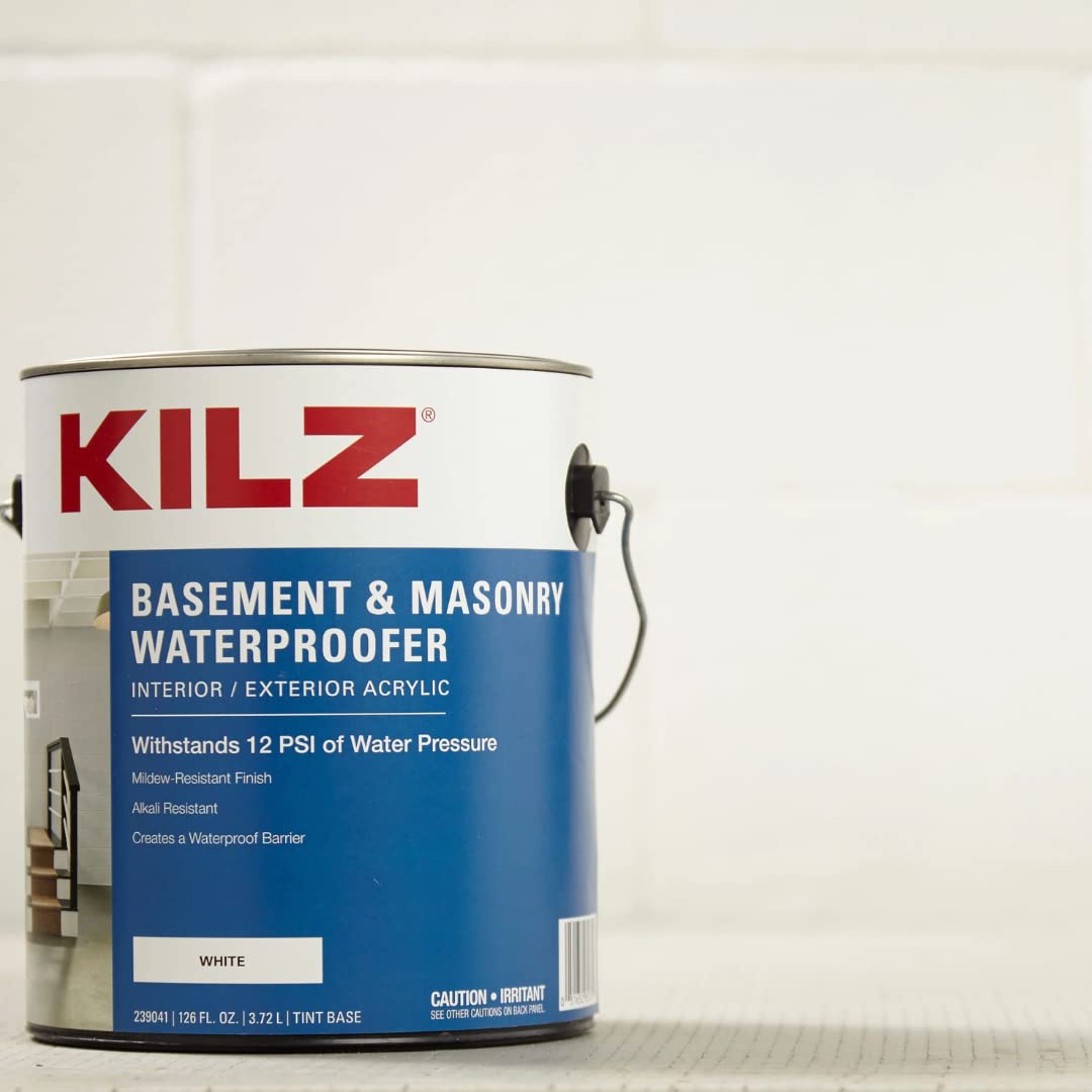 KILZ paint roller on a basement wall delivering waterproof protection and decorative finish.