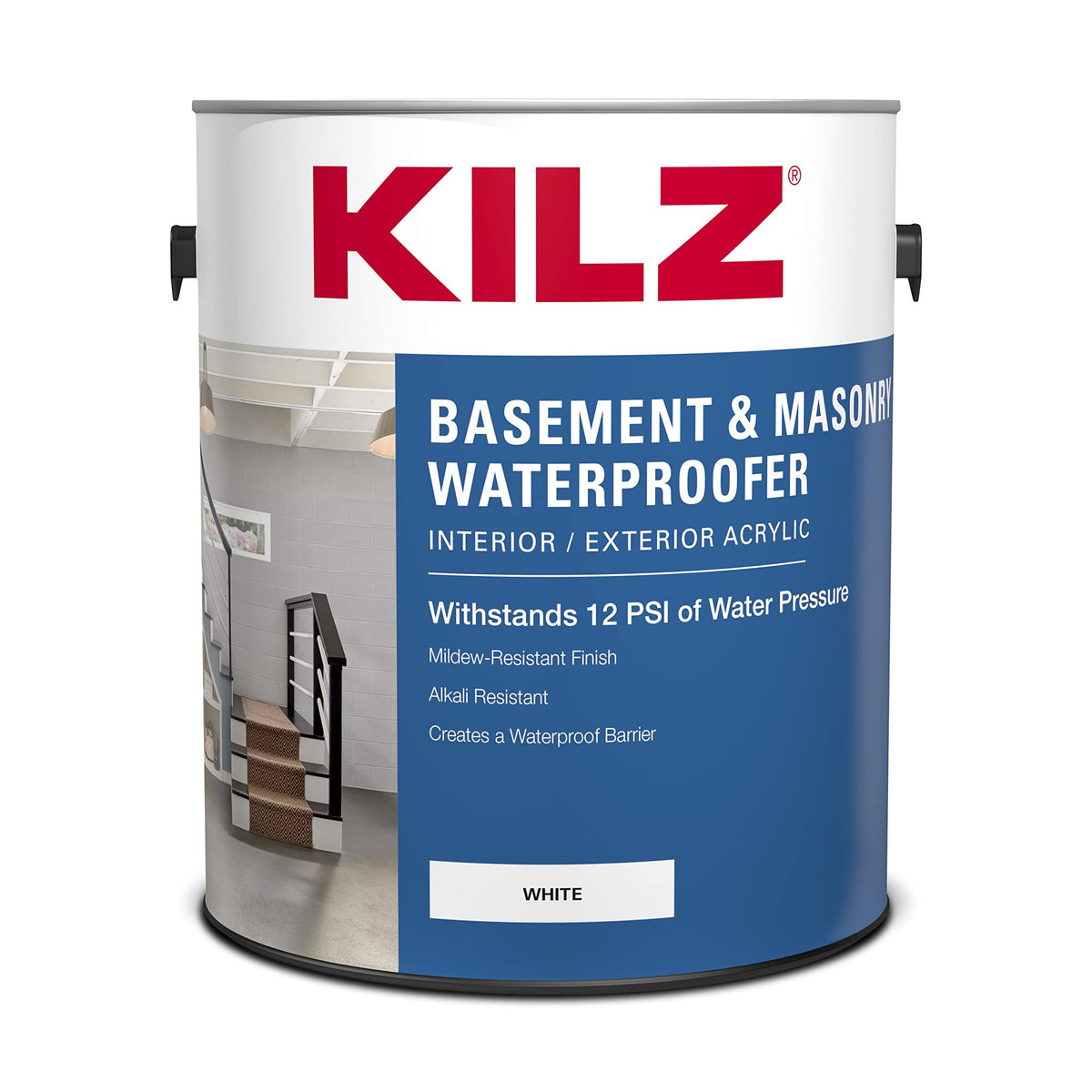 KILZ basement-masonry-waterproofing-paint can demonstrates moisture barrier for porous concrete surfaces.