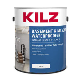 KILZ basement-masonry-waterproofing-paint can demonstrates moisture barrier for porous concrete surfaces.