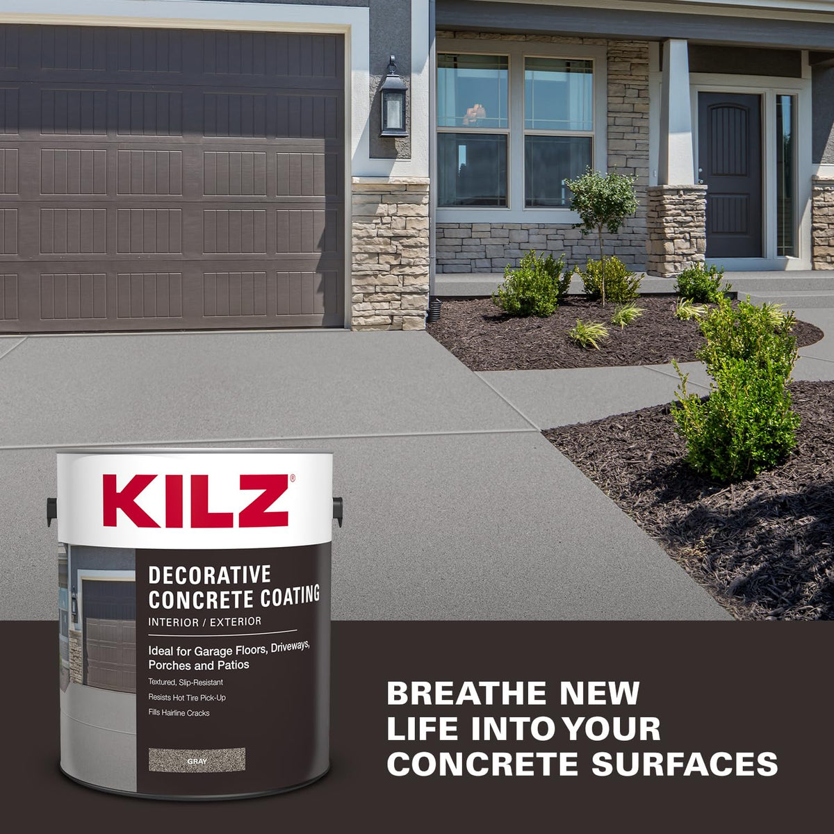 KILZ Decorative Concrete Coating slip-resistant garage-floor finish improves safety and curb appeal.
