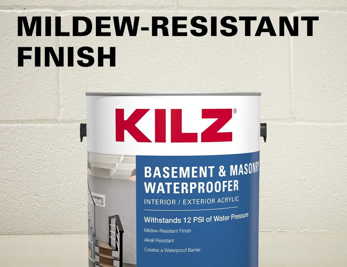 KILZ waterproofing paint dries quickly, speeding up basement masonry projects.