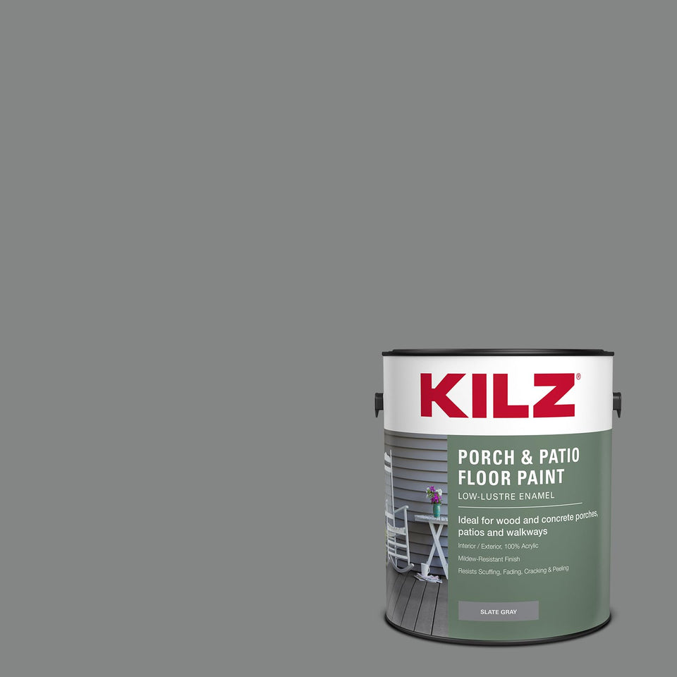 KILZ Low-Lustre enamel porch paint can demonstrating durable, long-lasting coverage.