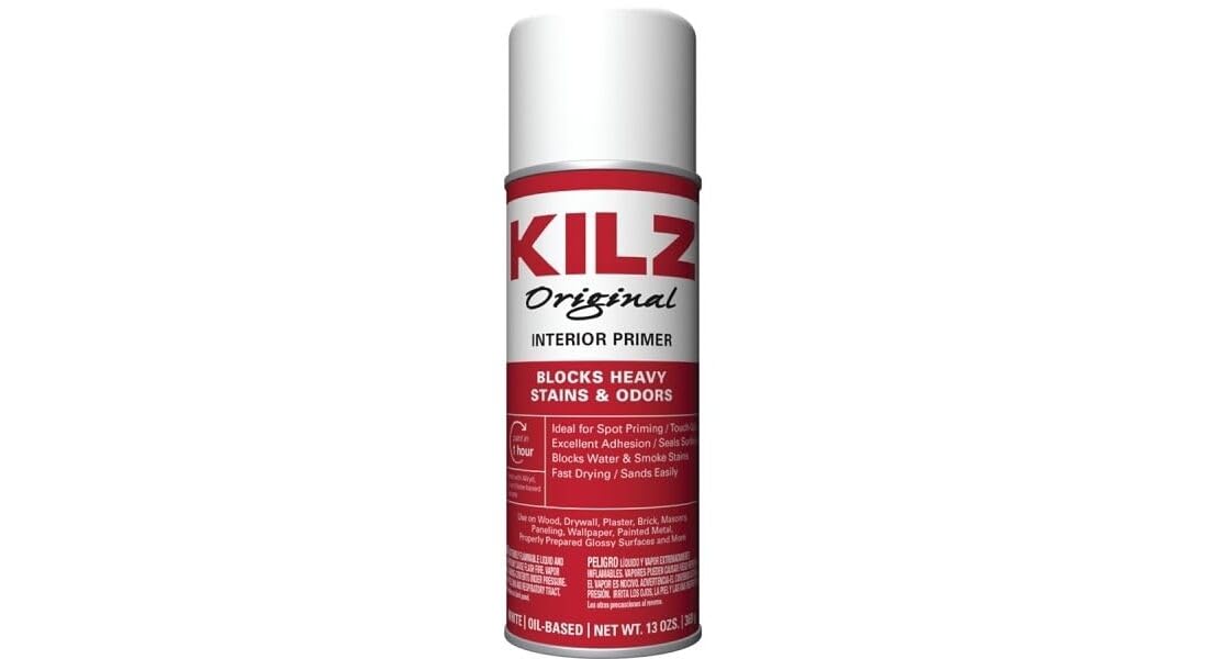 Kilz Original Primer 13 oz six-pack on workspace shelf for renovations