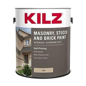 KILZ self-priming masonry paint flat finish on textured wall surface for easy coverage.