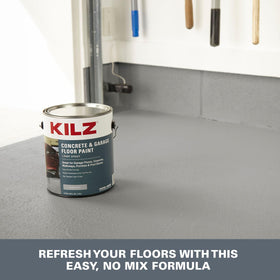 KILZ epoxy paint offers a silver gray satin finish on concrete surfaces.