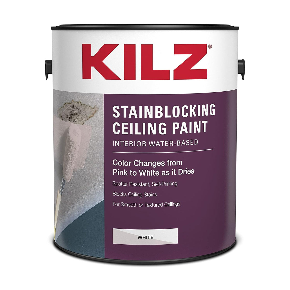 Kilz stainblocking ceiling paint pink-to-white during application shows coverage progress.