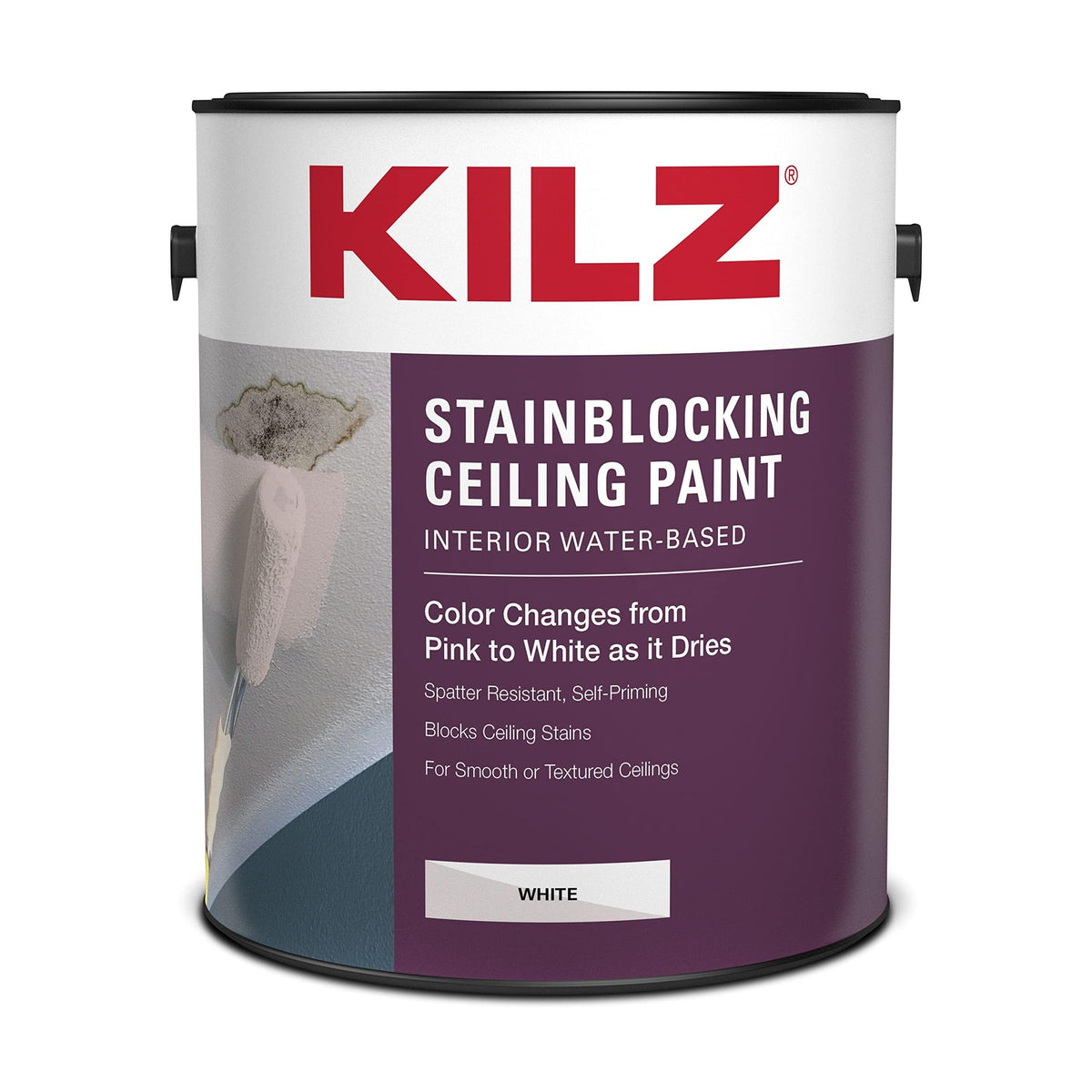 Kilz stainblocking ceiling paint demonstrates coverage on porous surfaces with strong hiding power.