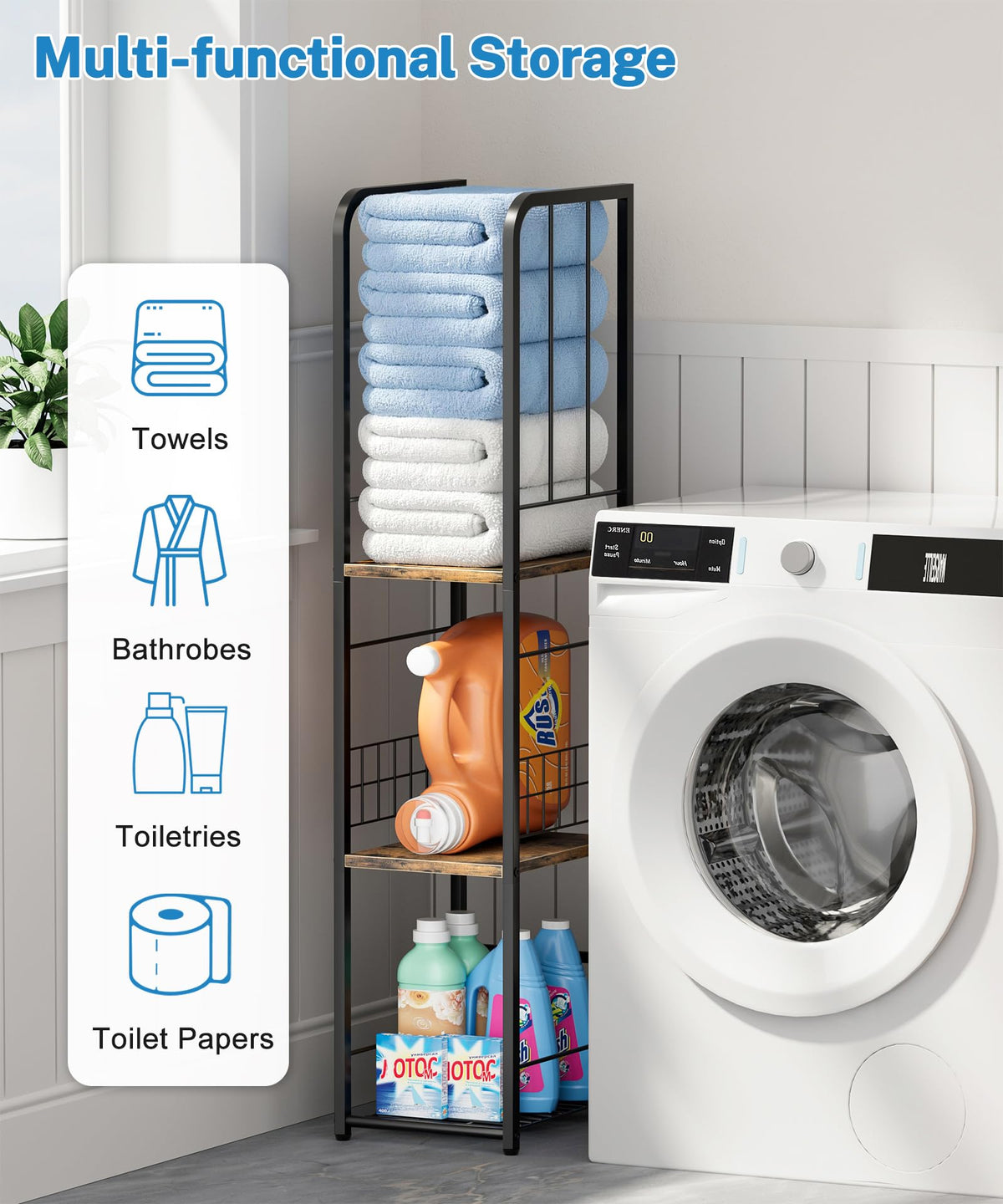 KIMBORA Narrow Towel Storage in a bathroom corner, assembled and ready to organize