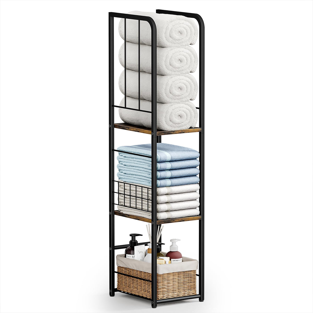 KIMBORA Narrow Towel Storage in brown, front view, space-saving design keeps towels within reach