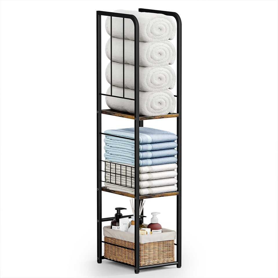 KIMBORA Narrow Towel Storage in brown, front view, space-saving design keeps towels within reach