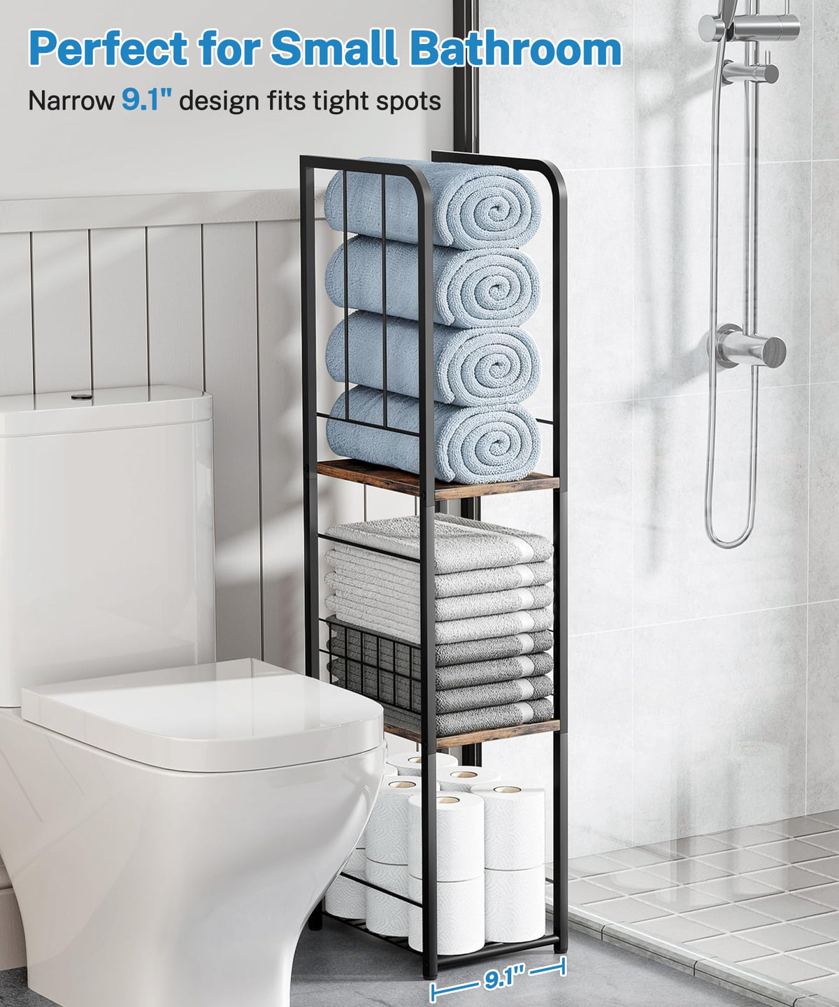 KIMBORA Narrow Towel Storage in brown, side view, stable freestanding setup for small spaces