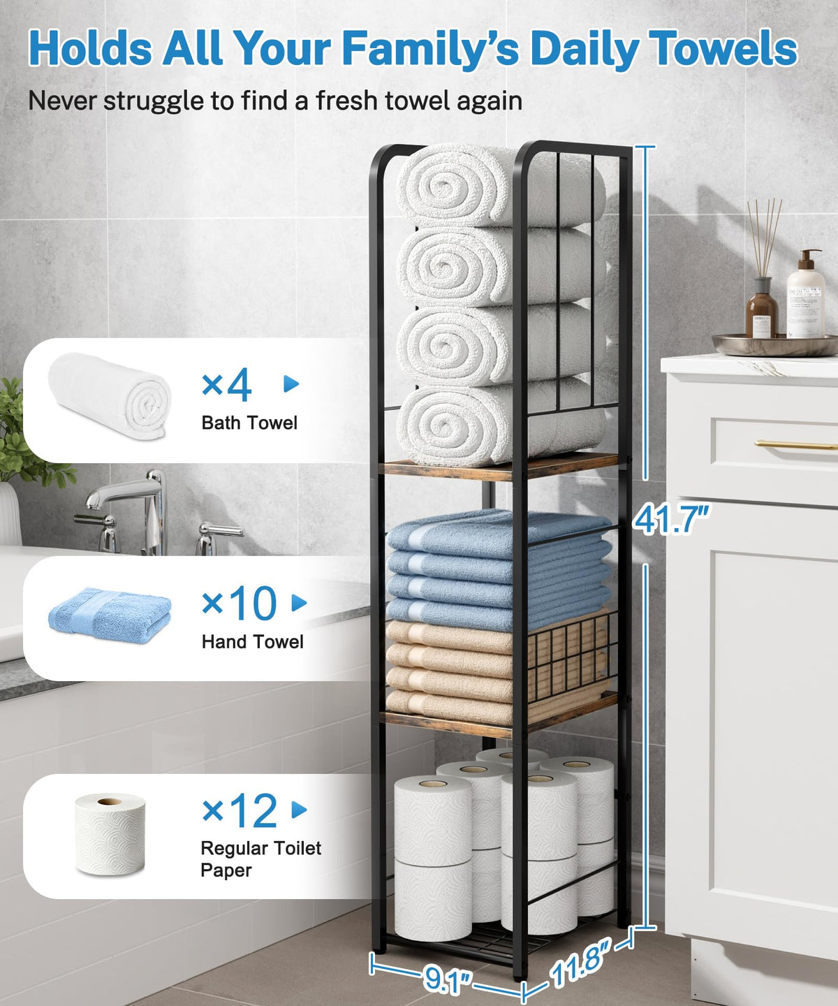 KIMBORA Narrow Towel Storage, top shelf with towels, showing accessible organization within arm's reach