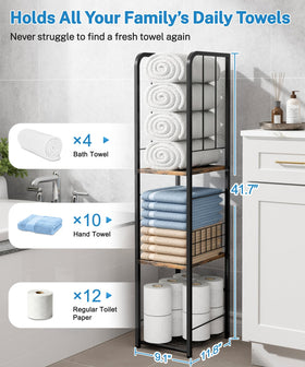 KIMBORA Narrow Towel Storage, top shelf with towels, showing accessible organization within arm's reach