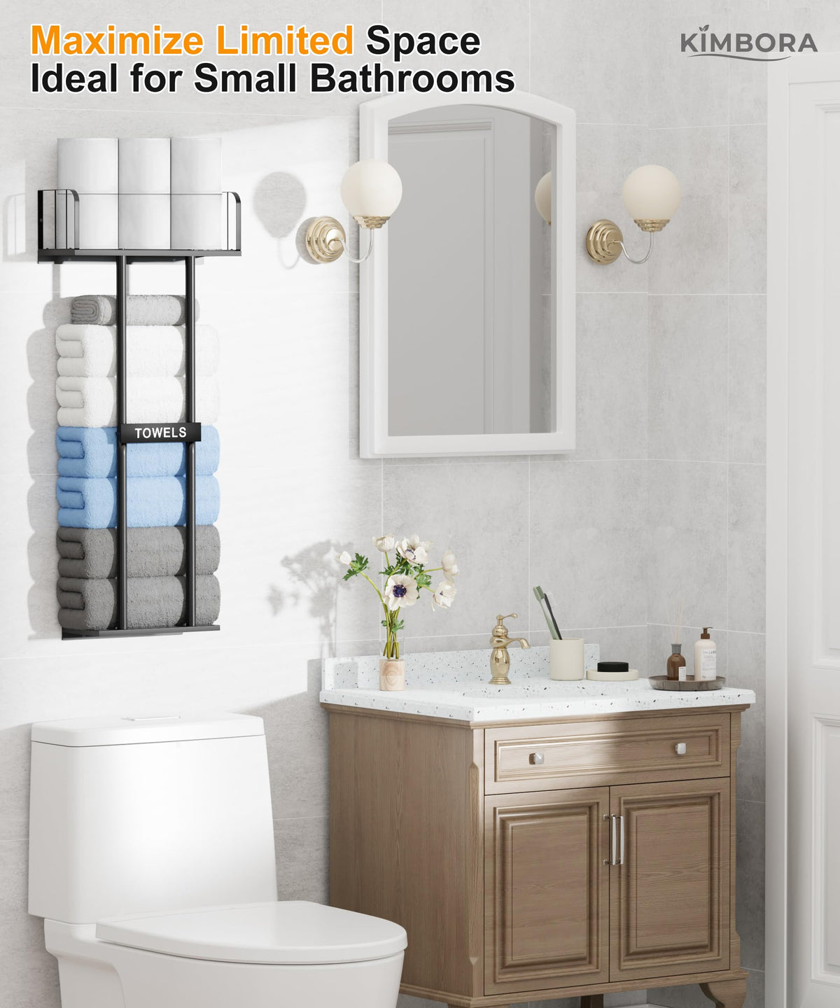 KIMBORA towel rack in black finish adds modern style to any bathroom.