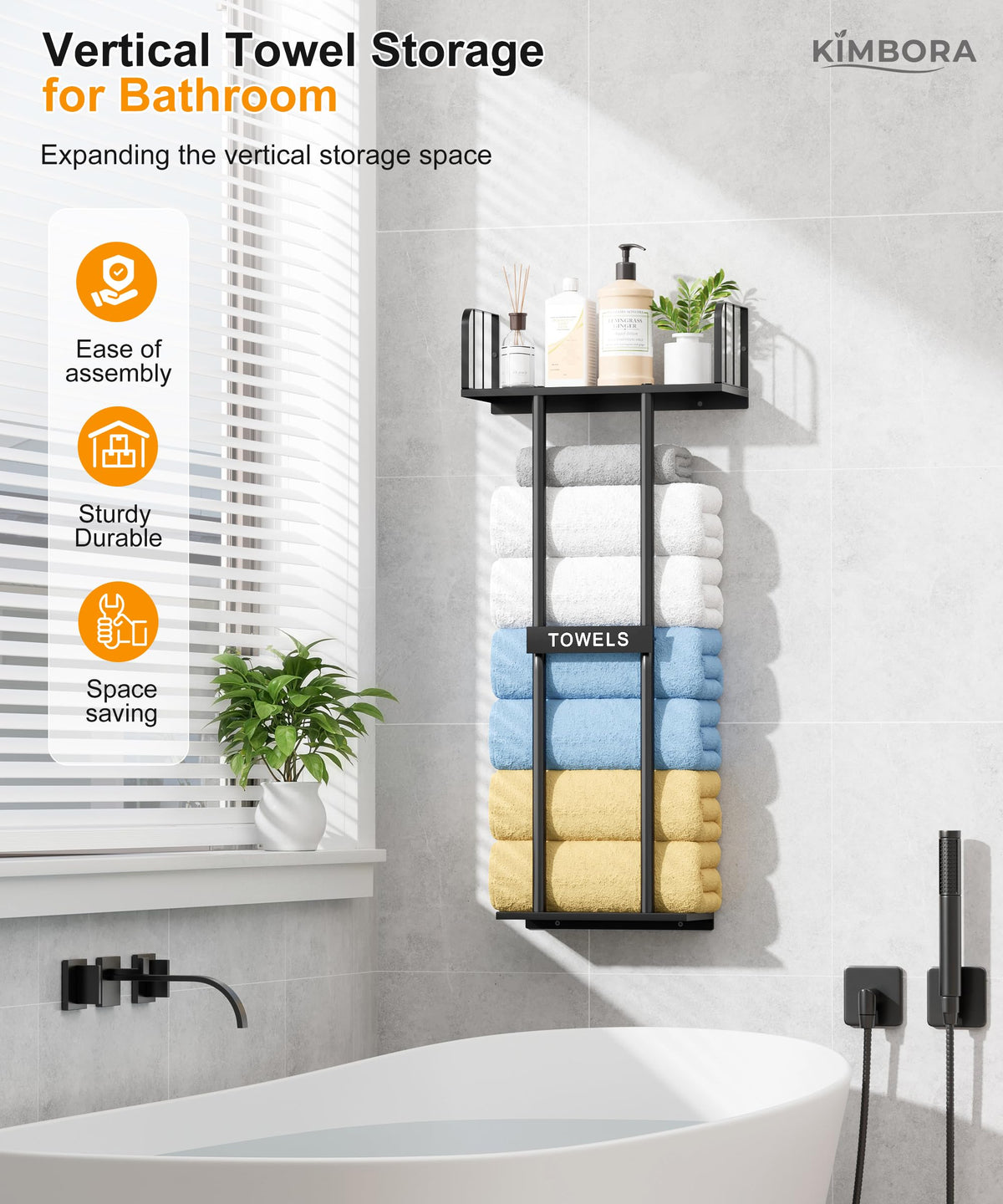 KIMBORA 36-inch tall rack provides easy access above the toilet.
