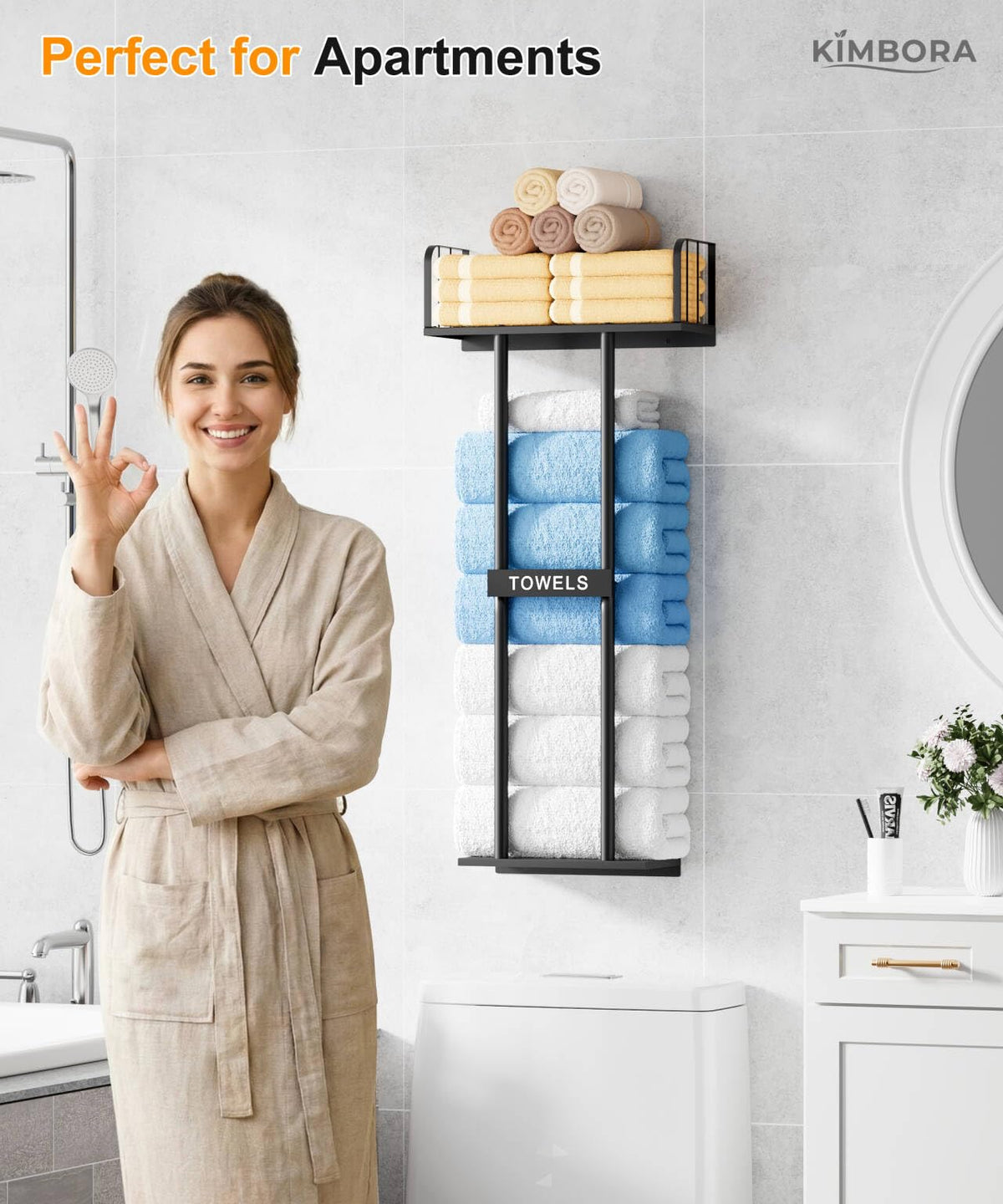 KIMBORA open-tiers promote quick drying and tidy towels daily.