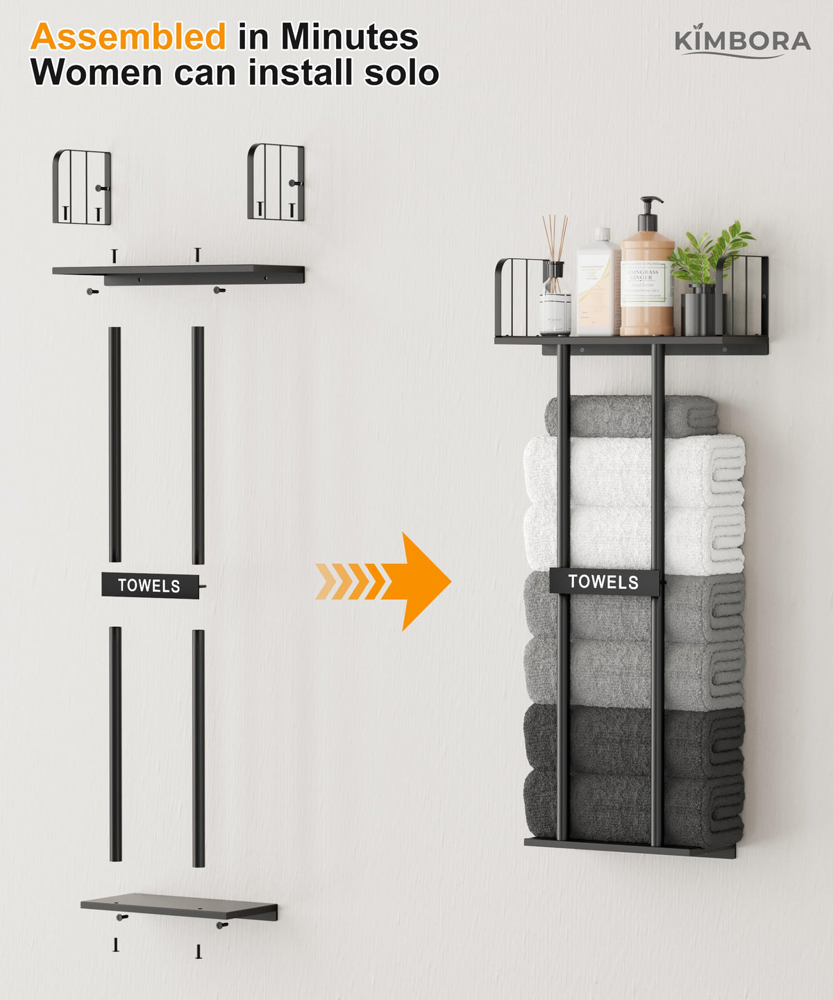 KIMBORA top-shelf design stores toiletries and towels at hand.