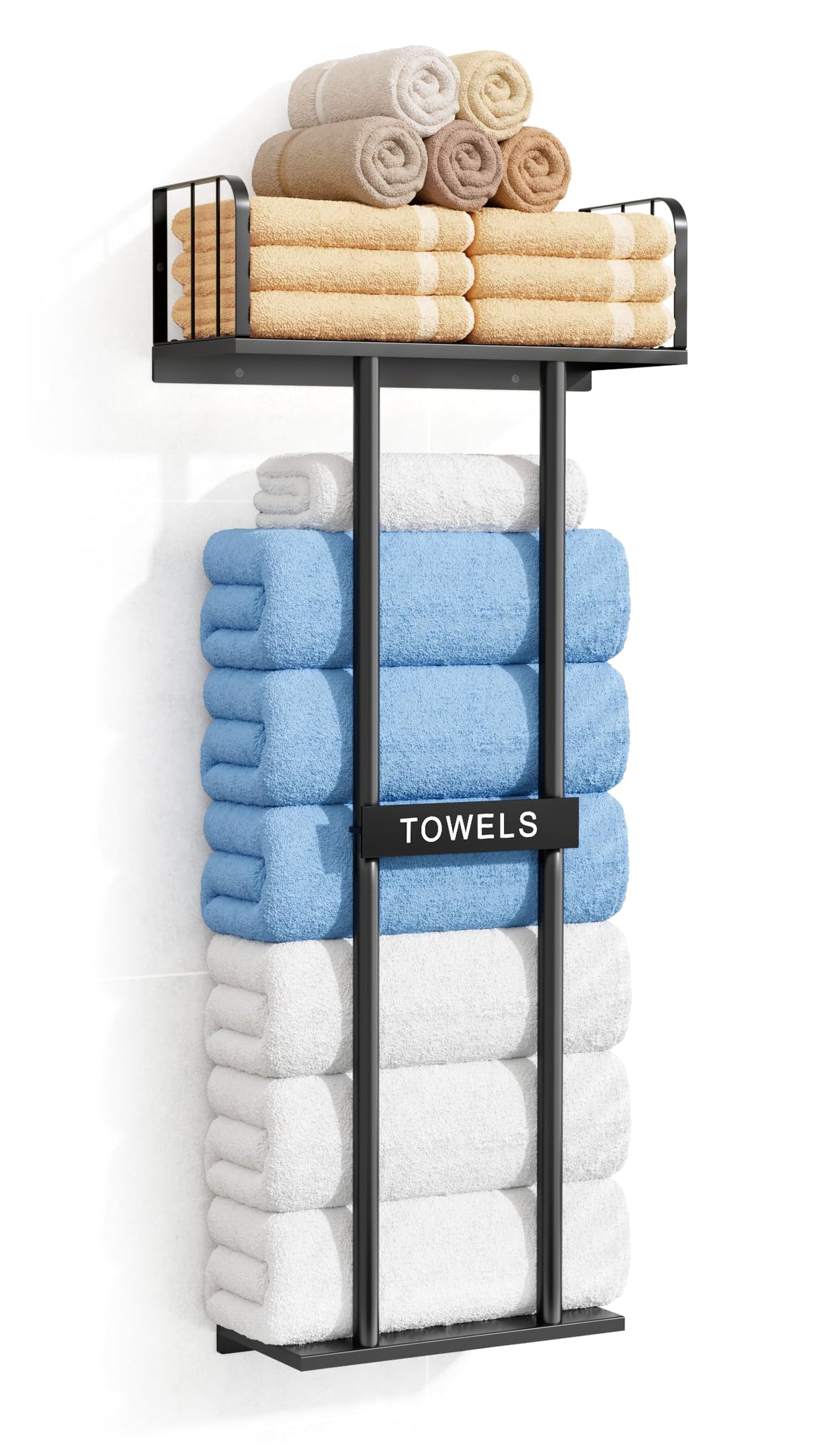 KIMBORA towel rack with top shelf helps keep towels organized in small bathrooms.