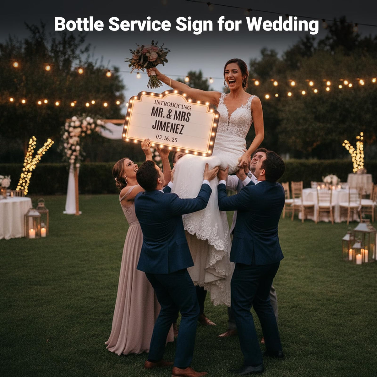KiMineon LED wedding marquee sign at reception highlighting dramatic illumination.