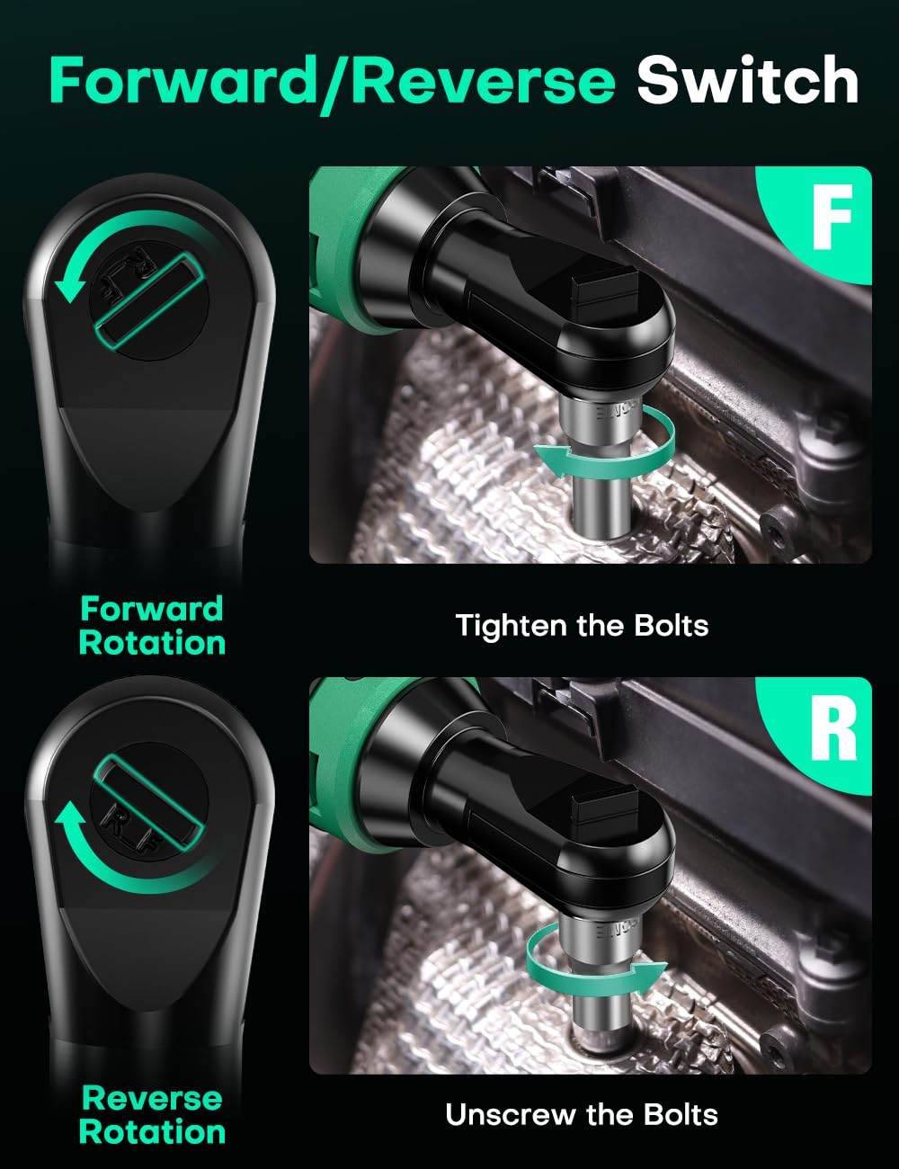 KIMO variable speed trigger enables delicate starts and controlled fasteners.