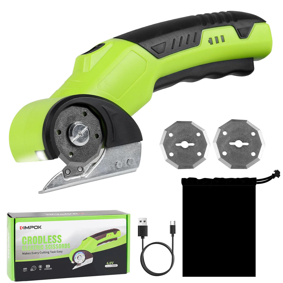 KIMPOK electric scissors and cardboard cutter in use, boosting recycling efficiency.
