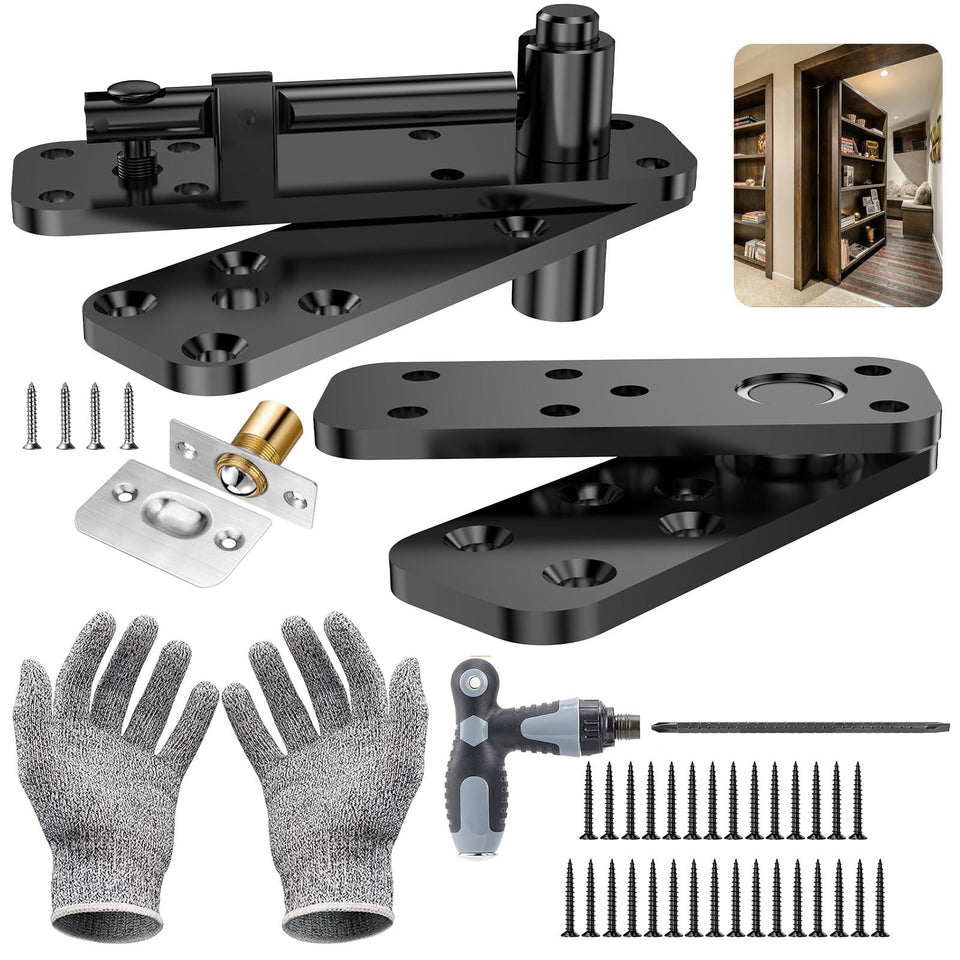KIMSOFUNNY hidden door hinge showing 360° rotation for discreet doors