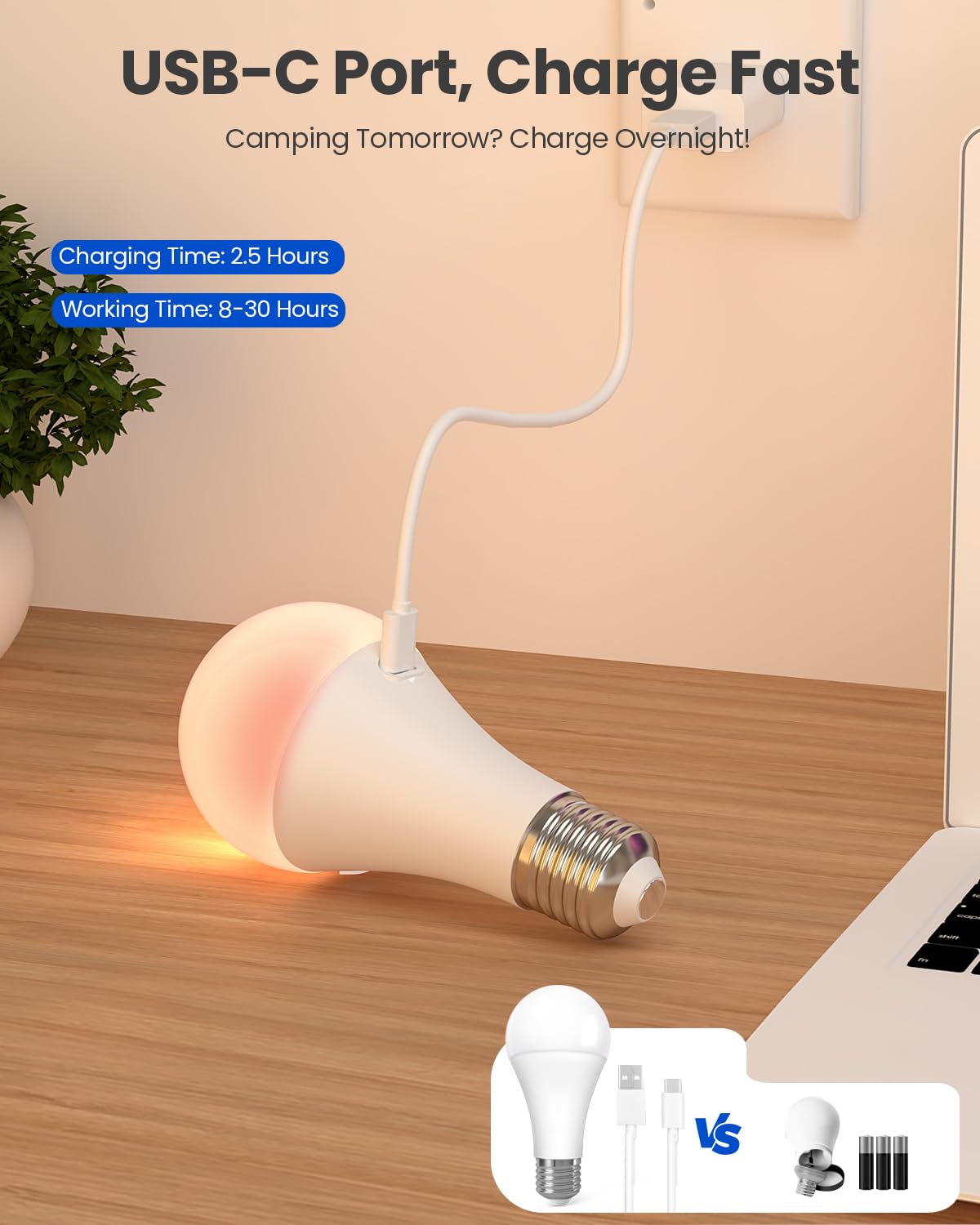 KINDEEP bulb highlights a big battery for hours of cordless use.