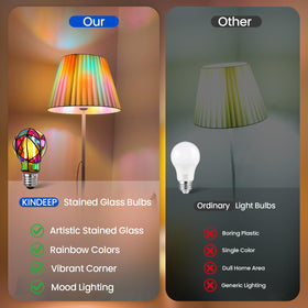 KINDEEP stained glass bulb casts warm 2700K glow through glass
