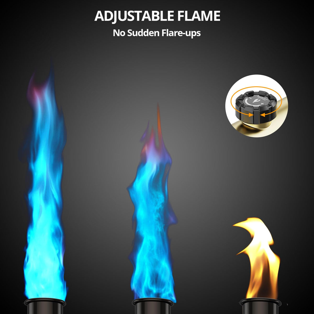 KinetiFire flame control top knob showing adjustable flame settings.