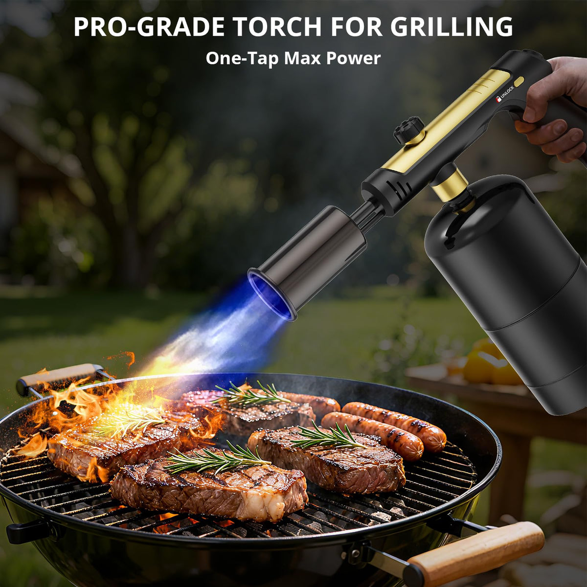 KinetiFire torch with one-touch max fire ignition for instant heat.